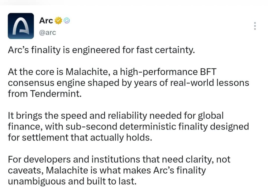 Arc explains that Malachite is the high-performance BFT engine behind Arc finality